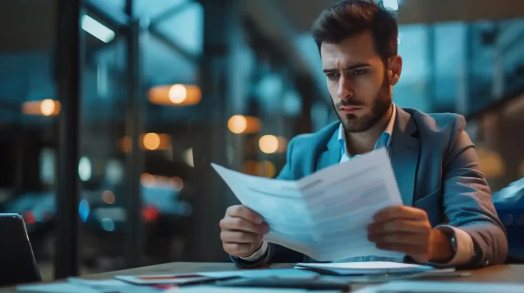 세무 관련 서류를 살펴보며 고민하는 표정을 짓고 있는 직장인. 법인 명의 차량의 리스크와 복잡한 조건을 점검하는 상황을 상징적으로 표현한 이미지.