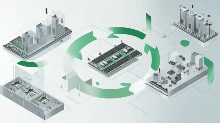 전기차 배터리의 생산부터 사용, 재활용까지 이어지는 순환 구조를 나타낸 인포그래픽으로, 녹색 화살표가 지속가능한 순환 과정을 상징함.
