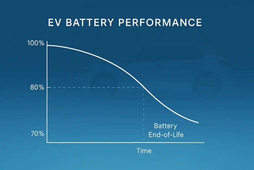 전기차 배터리 성능이 시간에 따라 100%에서 70%로 서서히 감소하는 모습을 보여주는 인포그래픽으로, SOH 70% 지점을 배터리 폐기 기준으로 표시함.