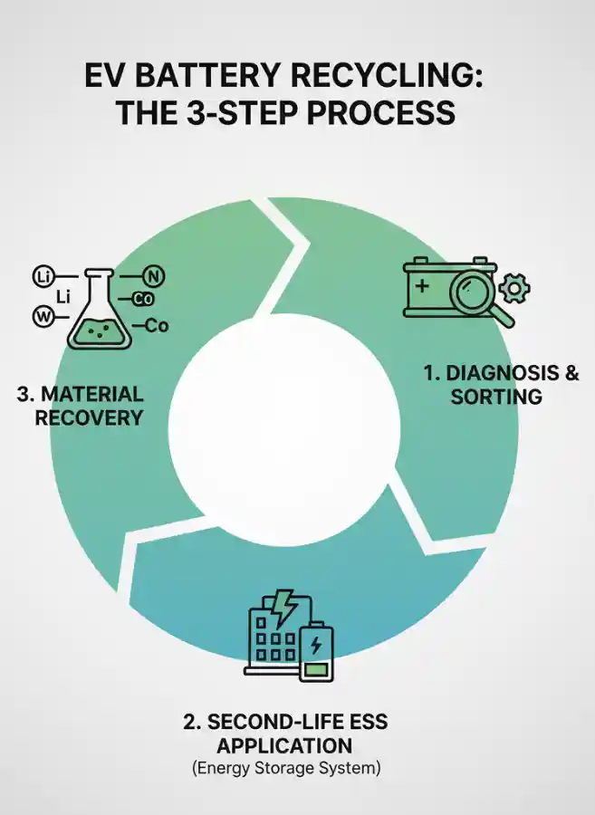 An infographic illustrating the 3-step EV battery recycling process — diagnosis and sorting, second-life ESS application, and material recovery — in a circular loop with eco-green tones.