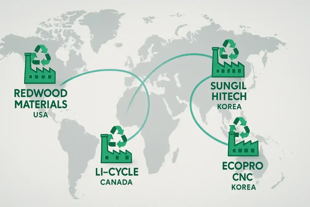 A world map infographic highlighting major global EV battery recycling companies — Redwood Materials in the USA, Li-Cycle in Canada, Umicore in Belgium, and Korean firms Sungil Hitech and EcoPro CnC — connected by curved lines in green and blue eco-tech tones.