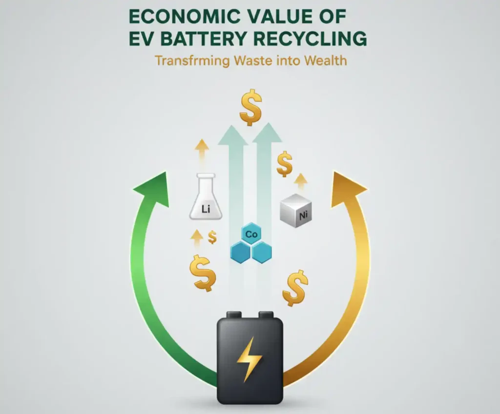 전기차 폐배터리에서 리튬·코발트·니켈 등 금속을 회수해 경제적 가치를 창출하는 과정을 표현한 인포그래픽