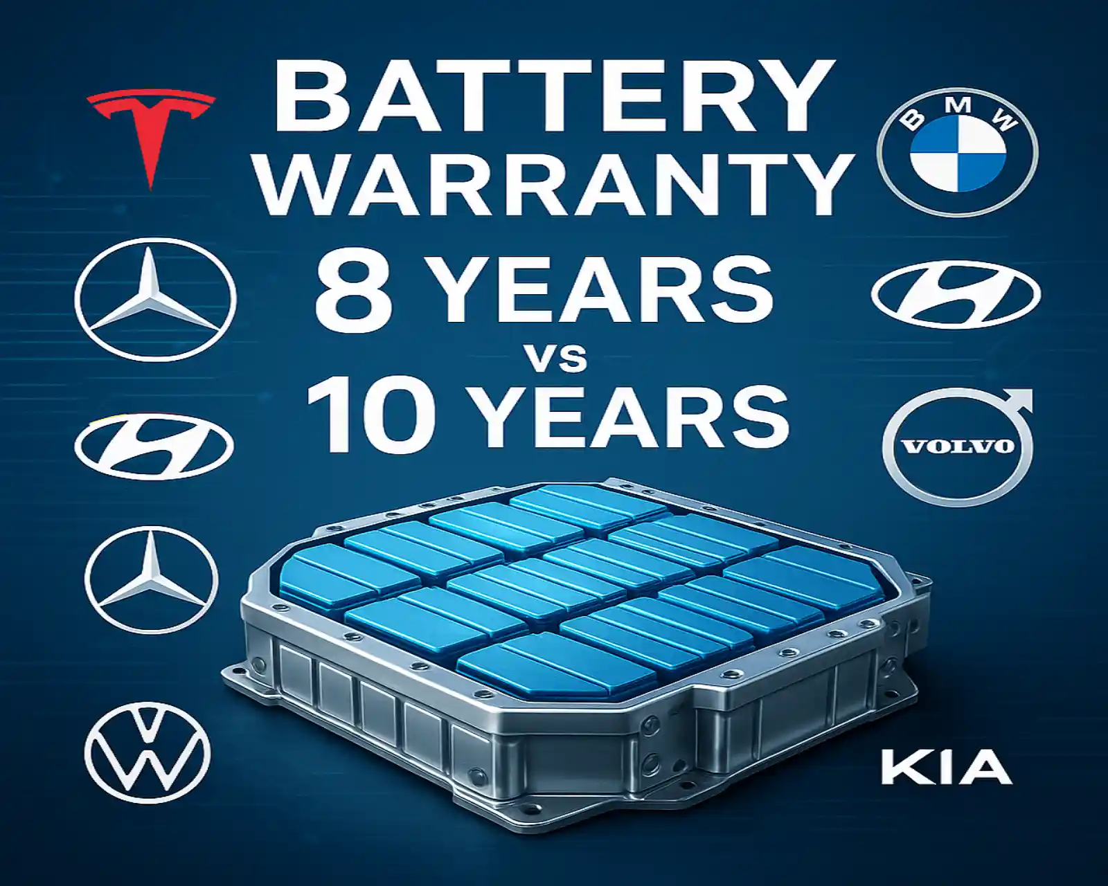 EV battery warranty comparison infographic (2025 update) — Tesla, BMW, Mercedes-Benz, Hyundai, Kia, and Volvo models showing 8-year vs 10-year coverage, with blue metallic battery pack illustration in the center.