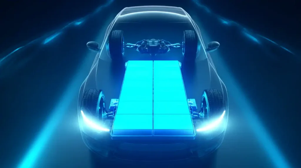 3D rendering of an electric car with a glowing blue battery pack in the center, symbolizing that the battery is the heart of the vehicle.