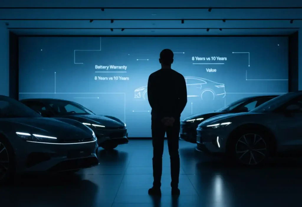 A silhouette of a person standing in a modern electric vehicle showroom, comparing cars under cool blue lighting with holographic text reading “Battery Warranty 8 Years vs 10 Years Value.”