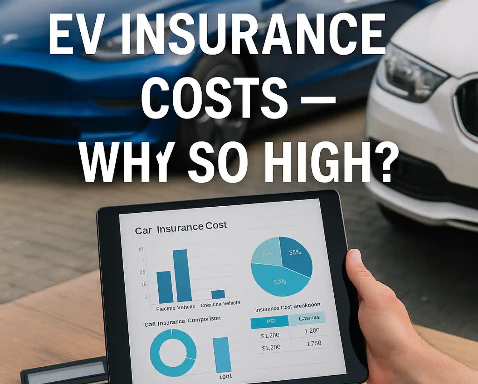 전기차와 내연기관차가 나란히 주차된 장면에서 한 사람이 태블릿으로 보험료 비교 그래프를 보고 있는 모습