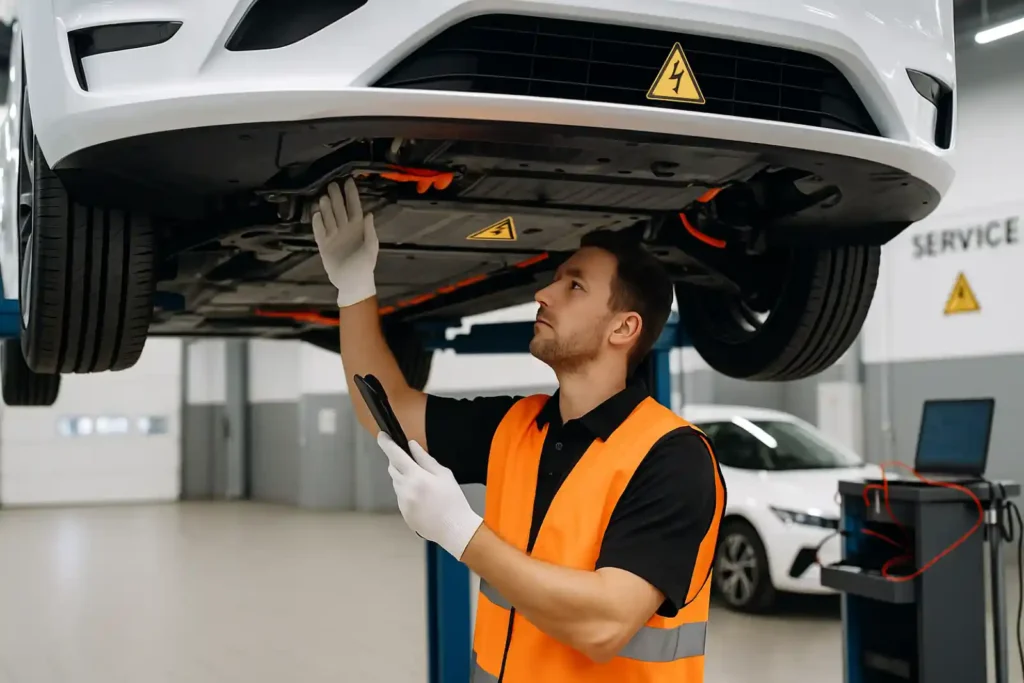 전기차 정비소에서 기술자가 차량 하부의 배터리와 고전압 케이블을 점검하는 모습
