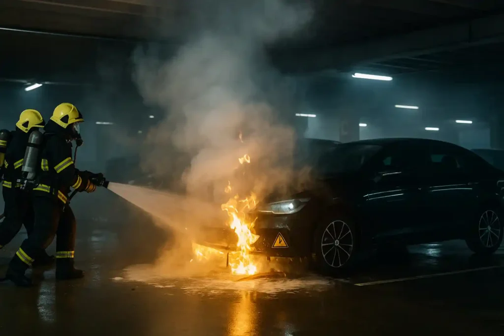 소방관들이 지하주차장에서 불이 난 전기차를 진화하고 있는 모습, 연기와 불길이 함께 보이는 장면