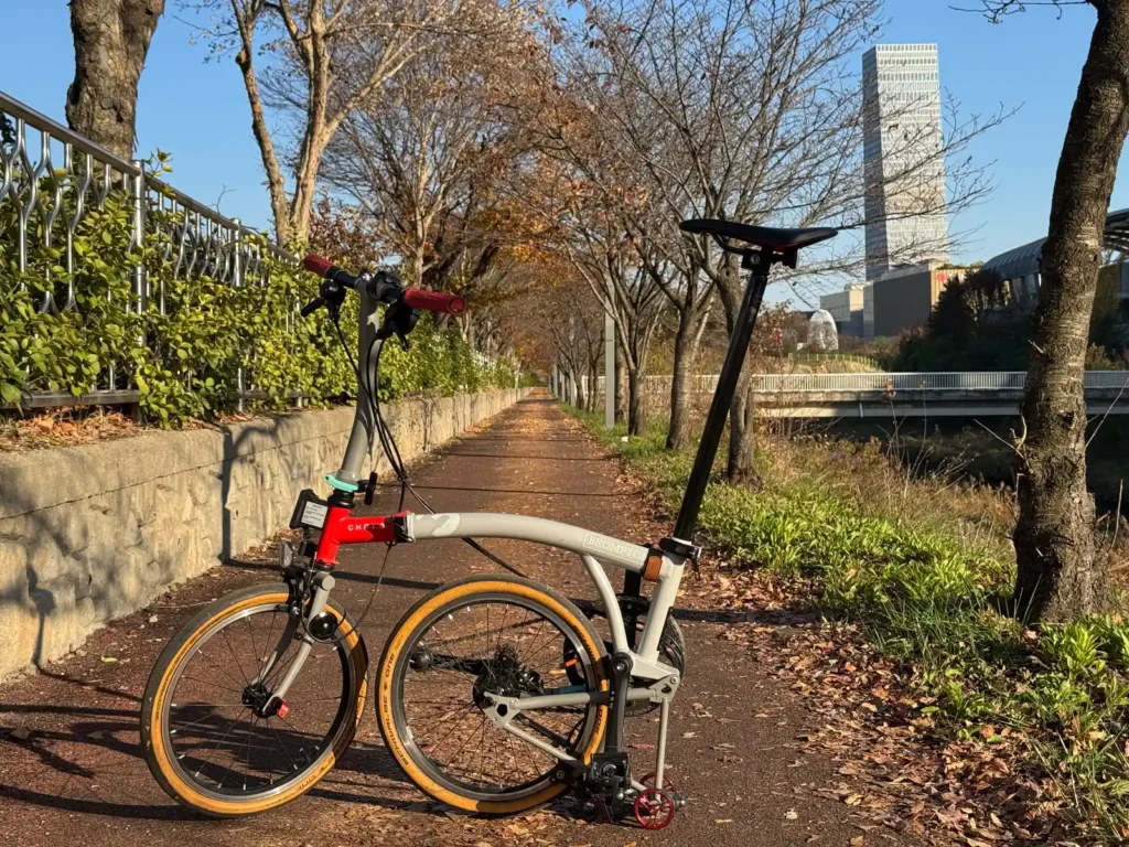 대전 도심 산책로에 세워진 브롬톤 CHPT3 폴딩자전거, 가을 풍경