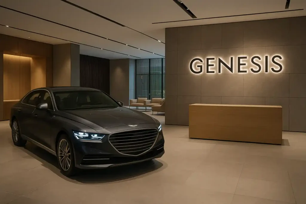 제네시스 스튜디오 내부 인테리어 공간. 프리미엄 브랜드 경험을 보여주는 전시형 라운지 이미지.