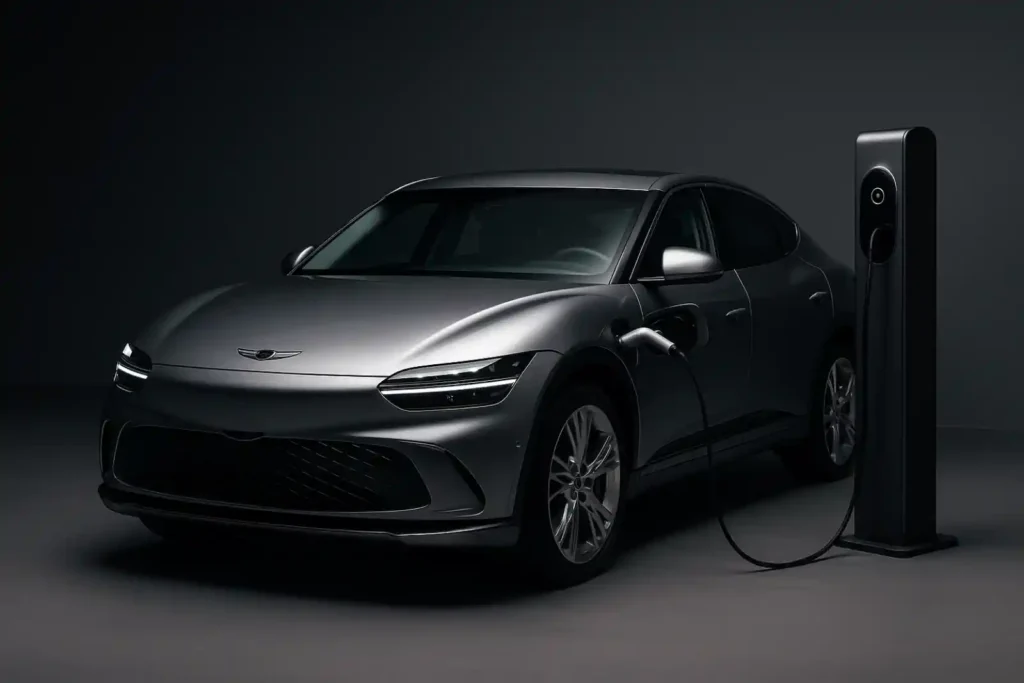 전기 충전 중인 제네시스 전기차의 측면 모습 — 전동화 전략을 상징하는 프리미엄 EV 이미지