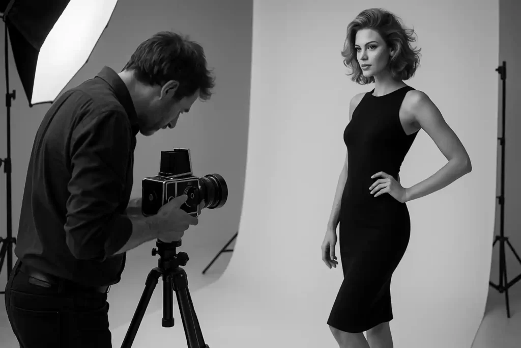 스튜디오에서 남성 포토그래퍼가 핫셀블라드 카메라로 여성 모델을 촬영하는 흑백 장면. 큰 소프트박스와 무지 배경이 배치된 패션 촬영 환경.