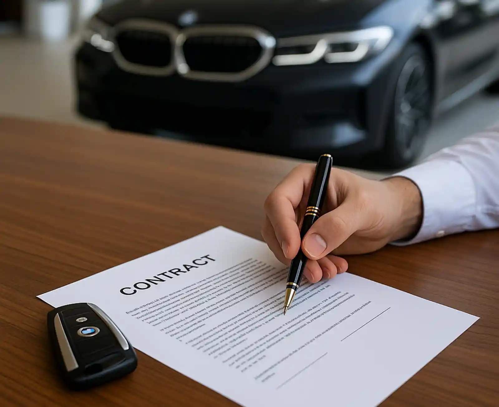 Signing a hybrid car finance contract at a dealership table with a BMW key and pen beside the document. A luxury sedan is softly visible in the background.