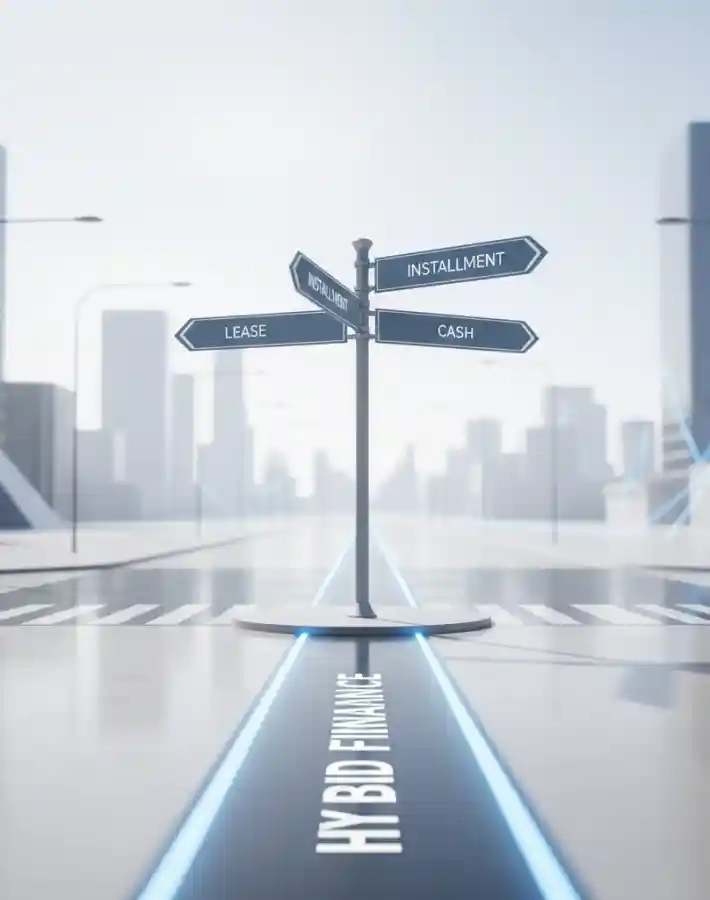 A clean futuristic intersection with road signs labeled Lease, Installment, and Cash, all connecting to a bright central path marked Hybrid Finance, representing the new direction of car finance in 2025.
