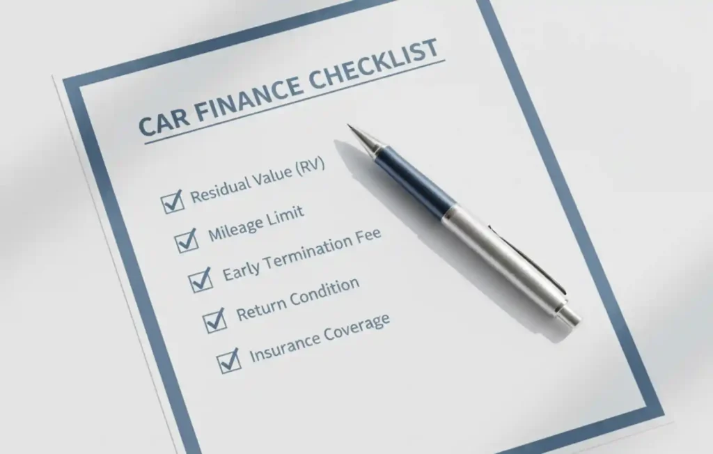 A car finance checklist document with five key items checked: Residual Value, Mileage Limit, Early Termination Fee, Return Condition, and Insurance Coverage, with a silver and blue pen placed on the paper.