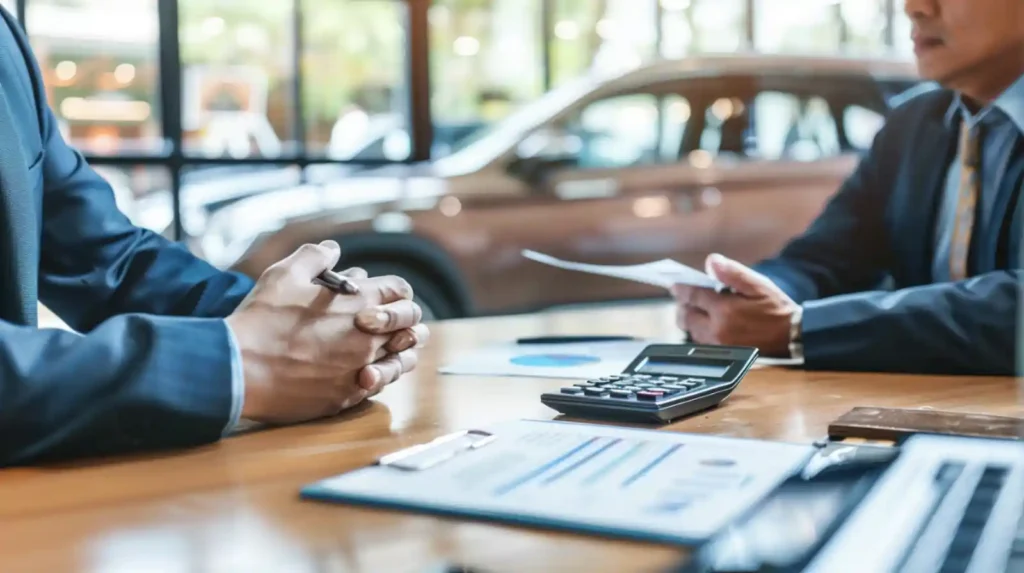 A car sales consultant and a customer discussing finance terms across a wooden table inside a modern dealership, with documents, calculator, and a blurred premium car in the background.
