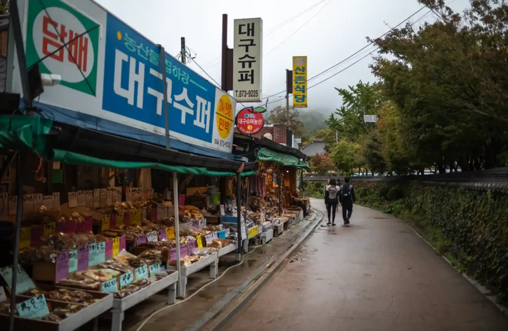 주왕산 입구 상점가를 따라 걷는 등산객 두 사람과 비에 젖은 길가의 상점 풍경