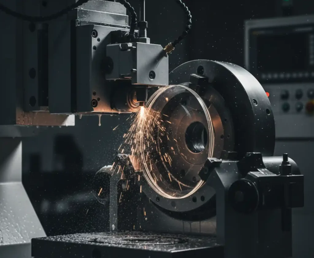 CNC 정밀 가공 장비가 렌즈 소재를 0.001mm 단위로 연마하는 모습. 불꽃이 튀며 비구면 렌즈 제작이 진행되고 있음