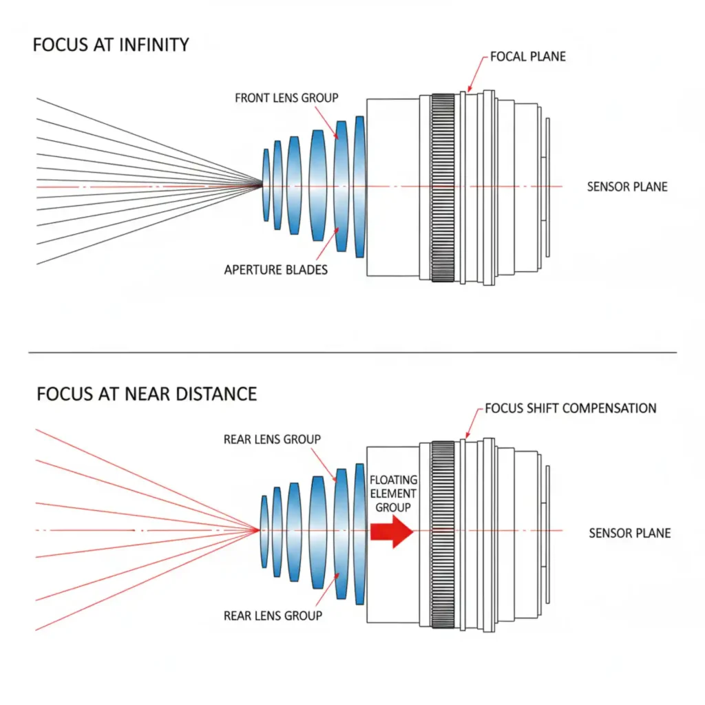 FLE(Floating Elements) 기술의 작동 원리 다이어그램. 무한대 초점과 근접 초점 시 렌즈군이 독립적으로 움직이며 초점 이동을 보상하는 메커니즘을 보여줌