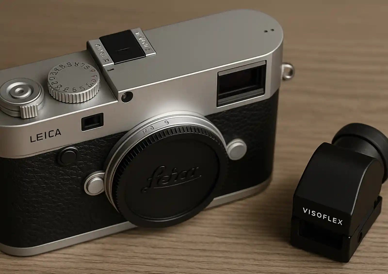 나무 테이블 위에 놓인 라이카 M11 카메라와 분리된 비소플렉스 전자식 뷰파인더의 모습입니다. 클래식한 레인지파인더 디자인과 현대적인 EVF 기술이 함께 어우러져 있습니다.