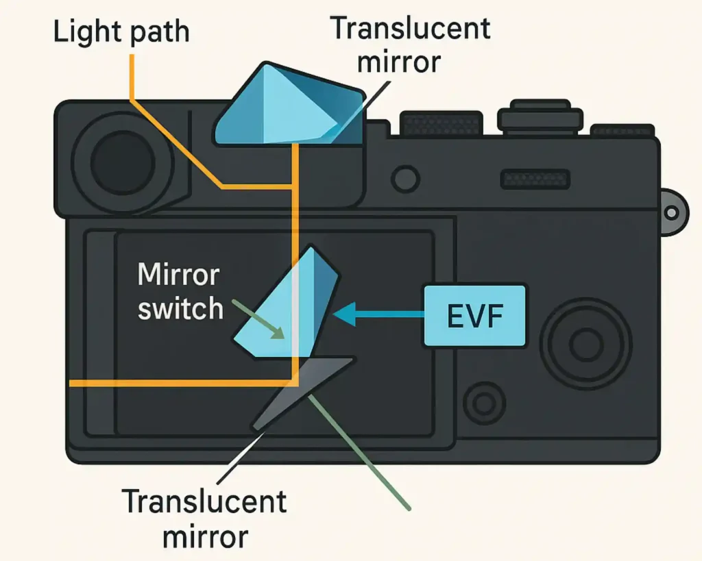 후지필름 X-Pro 스타일 하이브리드 뷰파인더 구조도. OVF 광학 경로와 EVF 전자식 뷰파인더 전환 메커니즘 설명