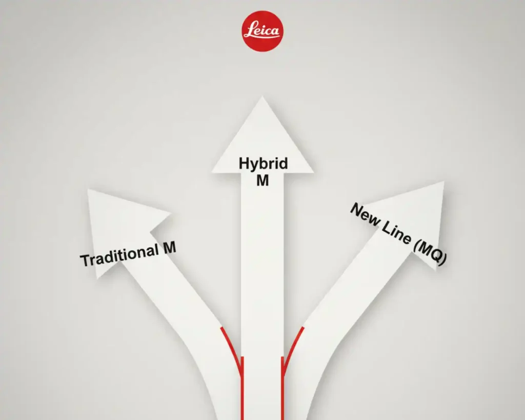 세 갈래 화살표로 표시된 인포그래픽 이미지로, 각각 ‘Traditional M’, ‘Hybrid M’, ‘New Line(MQ)’ 라벨이 붙어 있습니다. 라이카의 향후 전략적 선택지를 상징합니다.