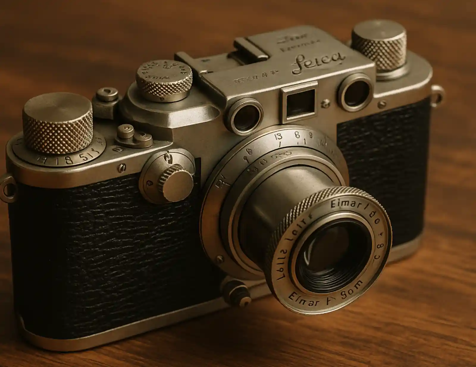 목재 테이블 위에 놓인 빈티지 Leica IIIf와 Elmar 50mm f/3.5 렌즈의 근접 사진. 금속 질감과 클래식한 레인지파인더 디자인이 강조된 이미지.
