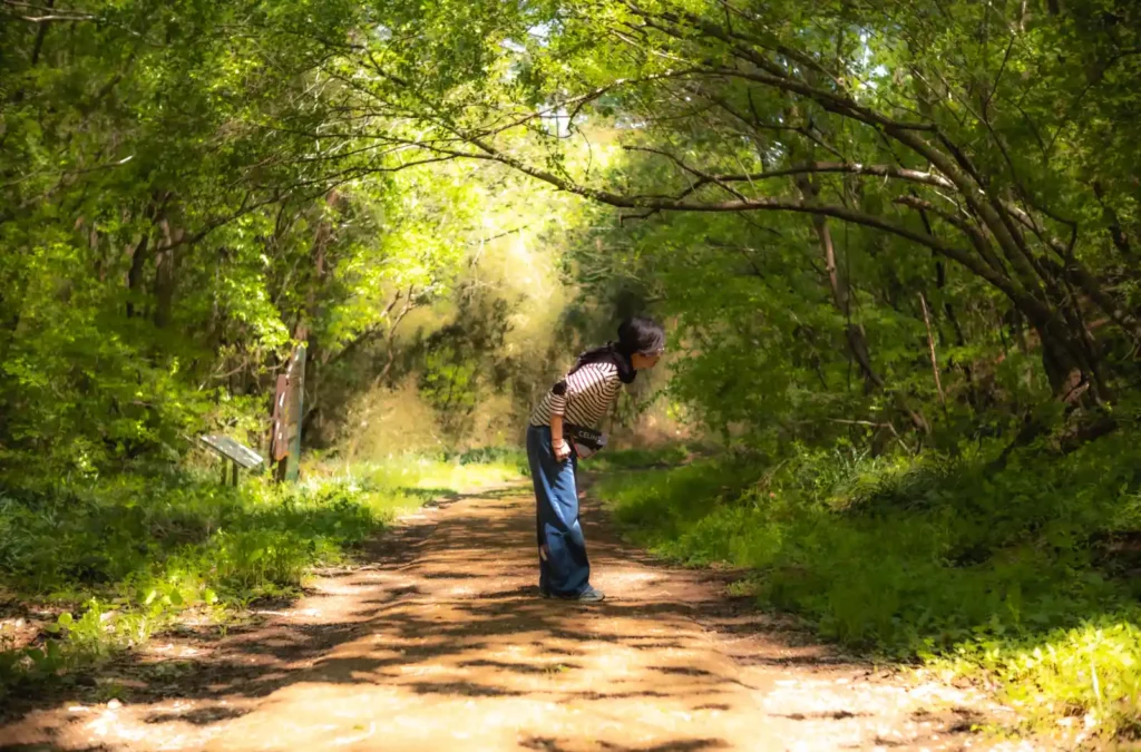 나무 사이로 햇살이 비치는 숲길 위에서 한 사람이 허리를 숙여 무언가를 바라보는 모습. 초점이 약간 흐릿하지만 부드럽고 따뜻한 분위기의 M10-R 촬영 사진.