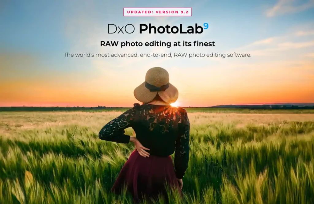 DxO PhotoLab 9.2 업데이트 소개 이미지로, RAW 사진 편집 소프트웨어를 강조한 홍보용 화면입니다.