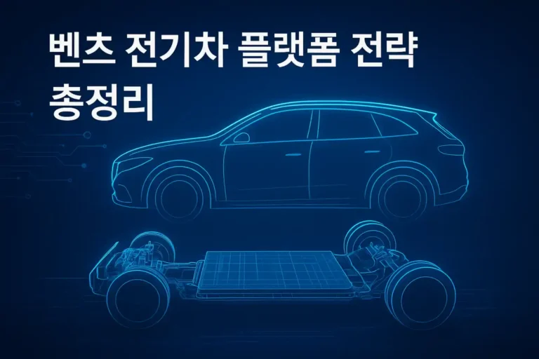 벤츠 전기차 플랫폼 전략 인포그래픽 - SUV 차체와 배터리 플랫폼 구조를 청사진 스타일로 표현한 이미지
