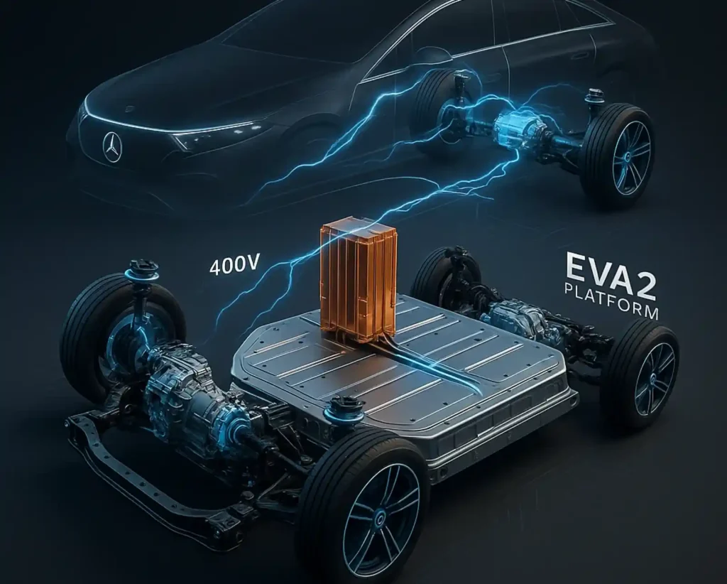 벤츠 EVA2 플랫폼 구조도 - 400V 배터리 시스템과 전기 모터 배치를 보여주는 EQS 기반 투시도
