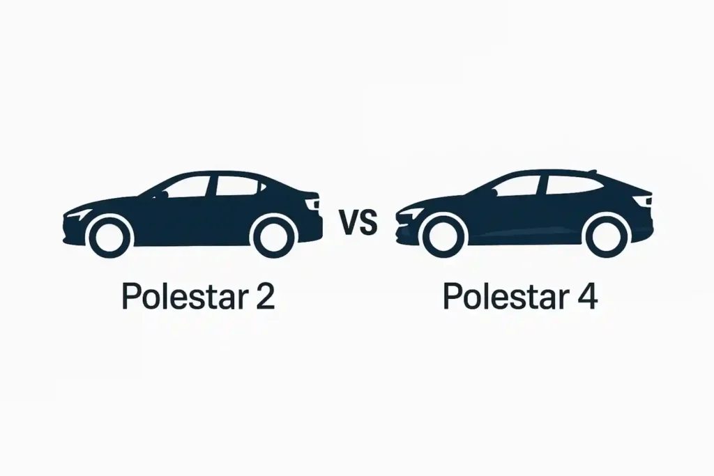 Polestar 2와 Polestar 4의 실루엣을 좌우로 배치해 두 모델을 비교하는 간단한 아이콘형 그래픽 이미지