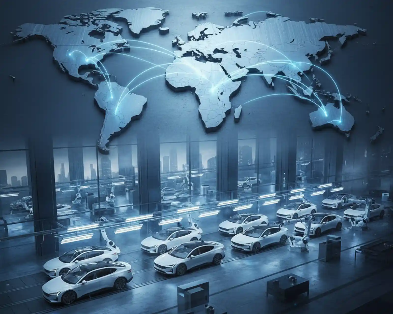 폴스타 글로벌 생산 네트워크를 보여주는 인포그래픽. 지도 위에는 중국 루차오·충칭, 한국 부산 생산 거점이 푸른 빛의 라인으로 연결되어 있으며, 아래에는 폴스타 전기차들이 공장에서 조립되고 있는 모습이 표현되어 있다.