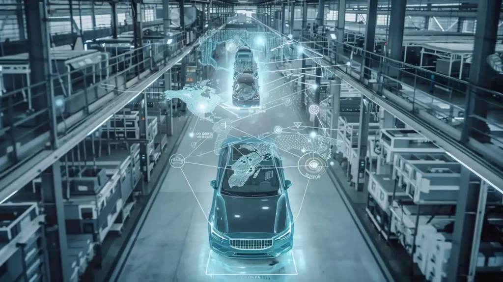 첨단 전기차 공장 내부에서 차량들이 조립되고 있는 모습. 지도형 데이터 그래픽이 겹쳐져 폴스타의 글로벌 생산 거점을 상징한다.