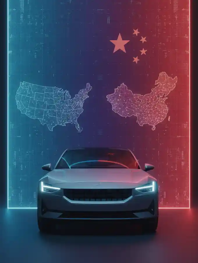 파란색의 미국 지도와 붉은색의 중국 지도가 대비된 배경 앞에 서 있는 전기차. 폴스타의 미국 진출을 가로막는 관세 장벽을 상징한다.
