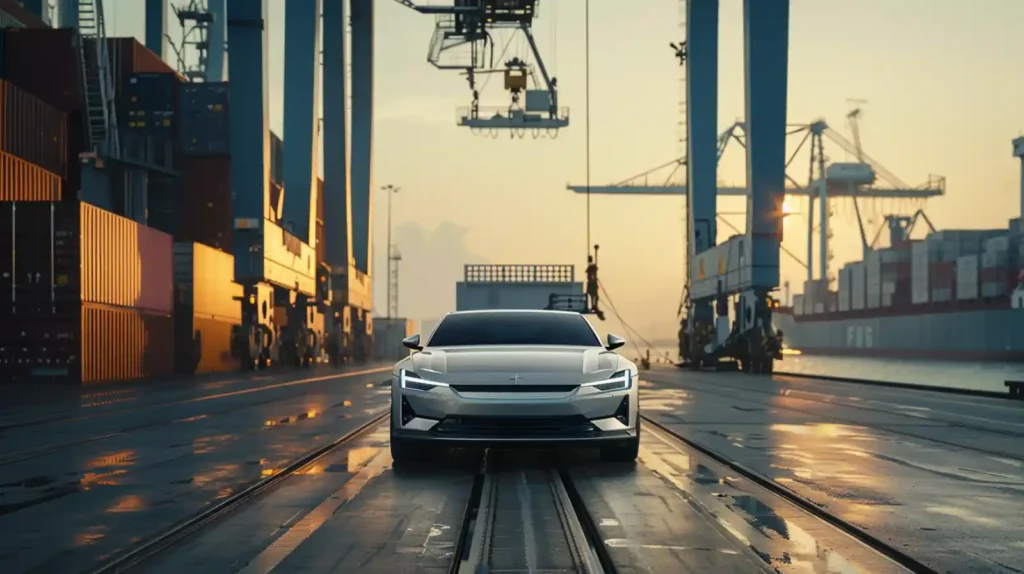 부산항의 컨테이너 선적장에 정차한 폴스타 4 전기차. 새벽빛이 항만을 비추며 폴스타의 글로벌 수출을 상징한다.