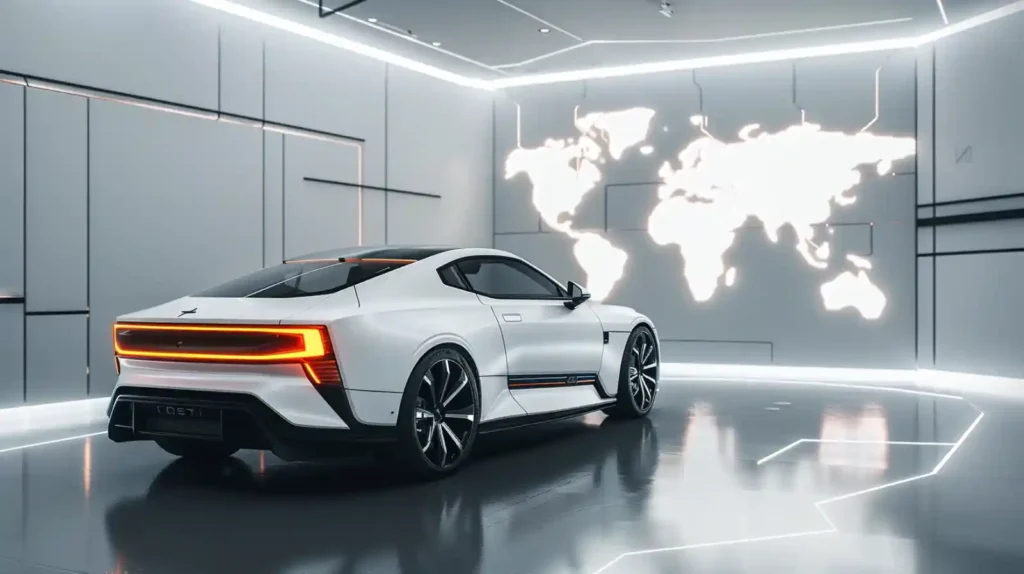 빛으로 떠오른 세계 지도 앞에 서 있는 폴스타 전기차. 국경을 넘어선 글로벌 브랜드 정체성을 상징한다.