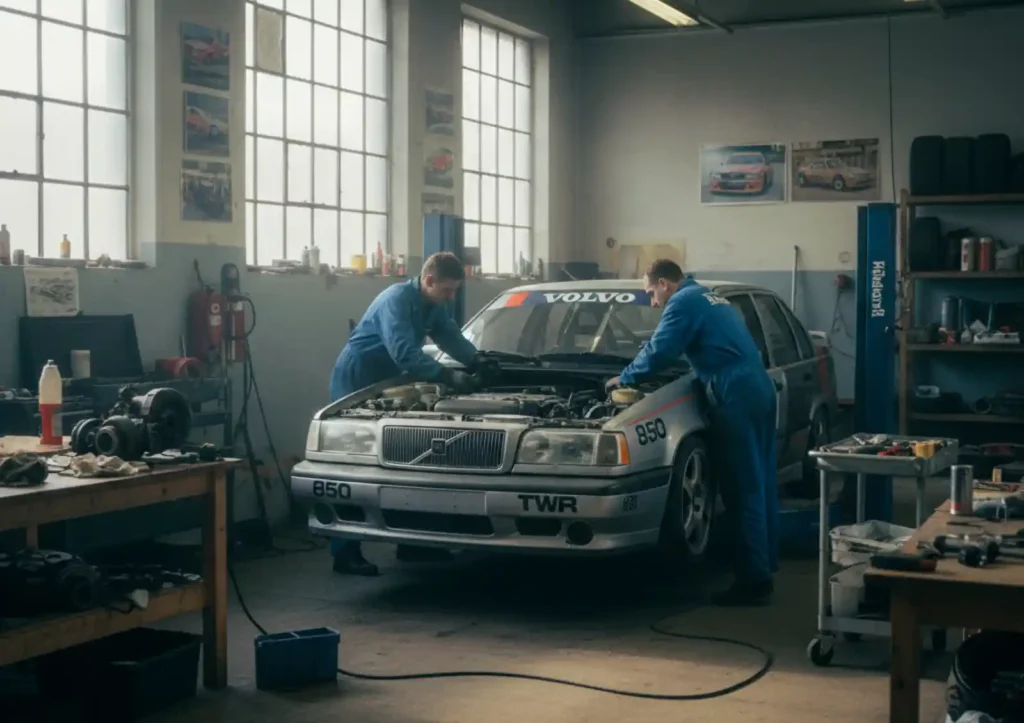 1990년대 스웨덴 예테보리의 작은 차고에서 볼보 850 STCC 레이스카를 정비 중인 Flash Engineering 팀