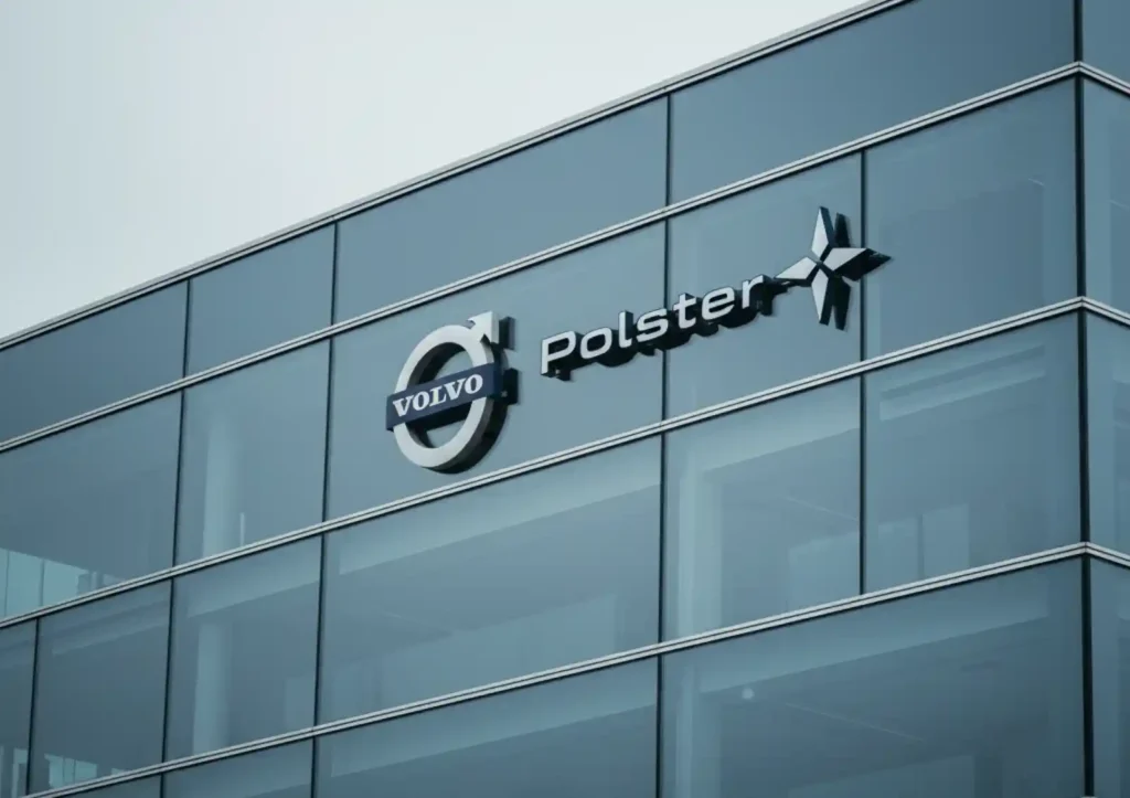 볼보와 폴스타 로고가 나란히 걸린 스웨덴 예테보리의 유리 외벽 건물, 두 브랜드의 파트너십과 전환을 상징