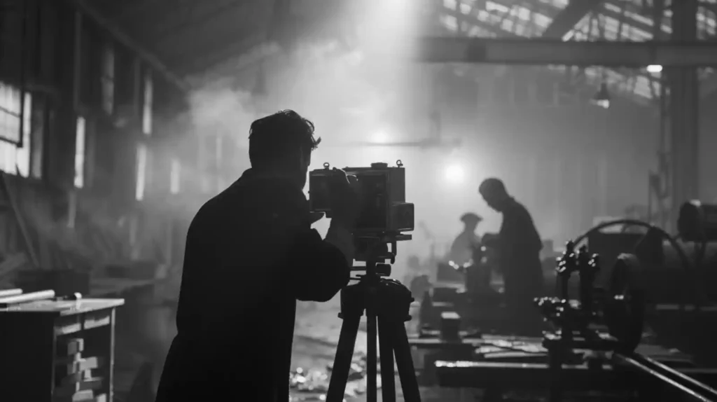 1950년대 스타일의 흑백 사진, 어두운 공장 안에서 삼각대에 카메라를 올려놓고 촬영하는 사진가와 작업자들의 실루엣