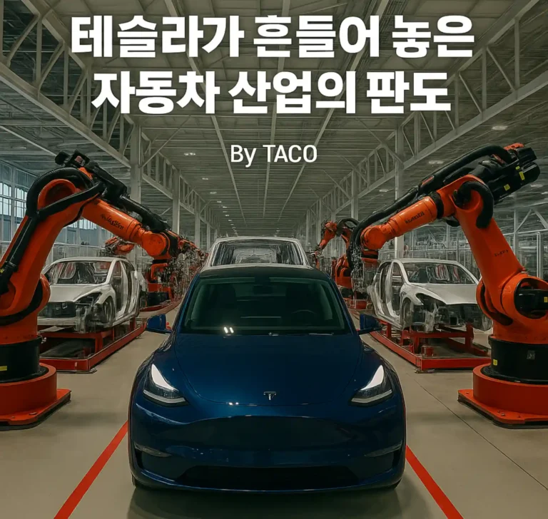 테슬라 기가팩토리 생산 라인에서 로봇 팔들이 차량을 조립하고 있고, 정면 중앙에는 파란색 테슬라 모델 Y가 놓여 있는 모습