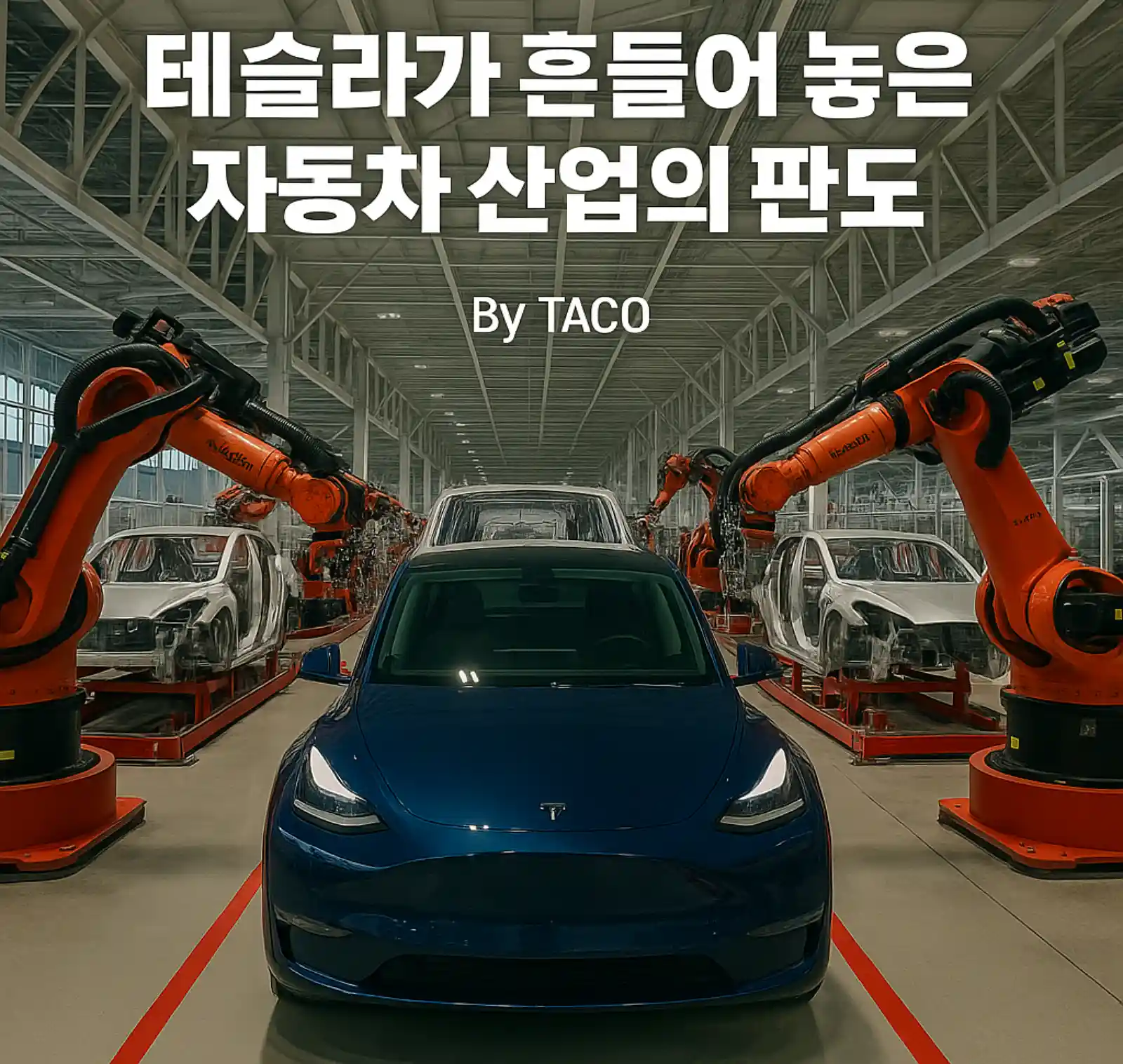 테슬라 기가팩토리 생산 라인에서 로봇 팔들이 차량을 조립하고 있고, 정면 중앙에는 파란색 테슬라 모델 Y가 놓여 있는 모습