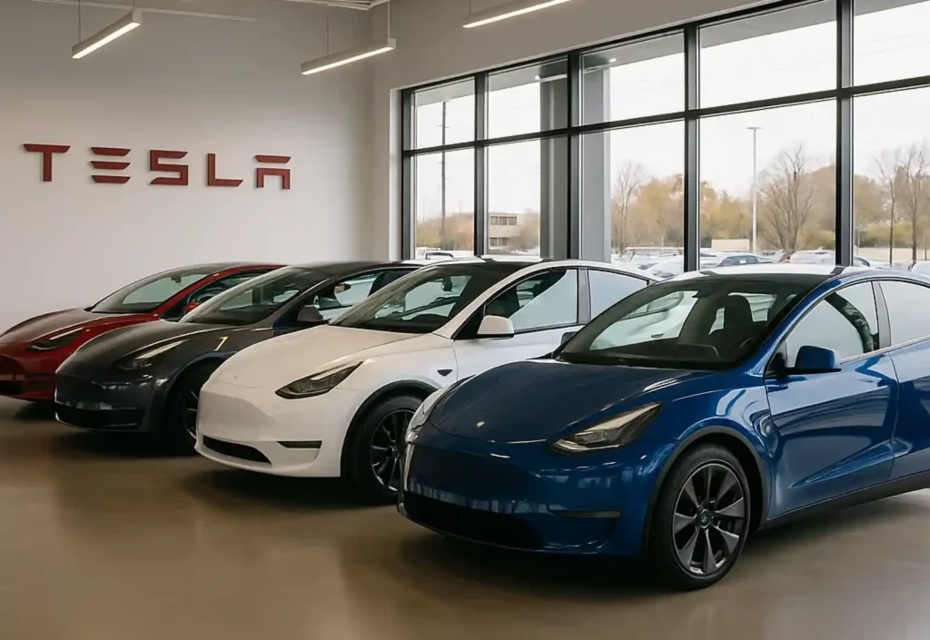 테슬라 매장 안에 모델 3와 모델 Y 여러 대가 나란히 전시되어 있는 모습. 넓은 쇼룸과 큰 창문을 배경으로 다양한 색상의 차량이 정렬된 장면