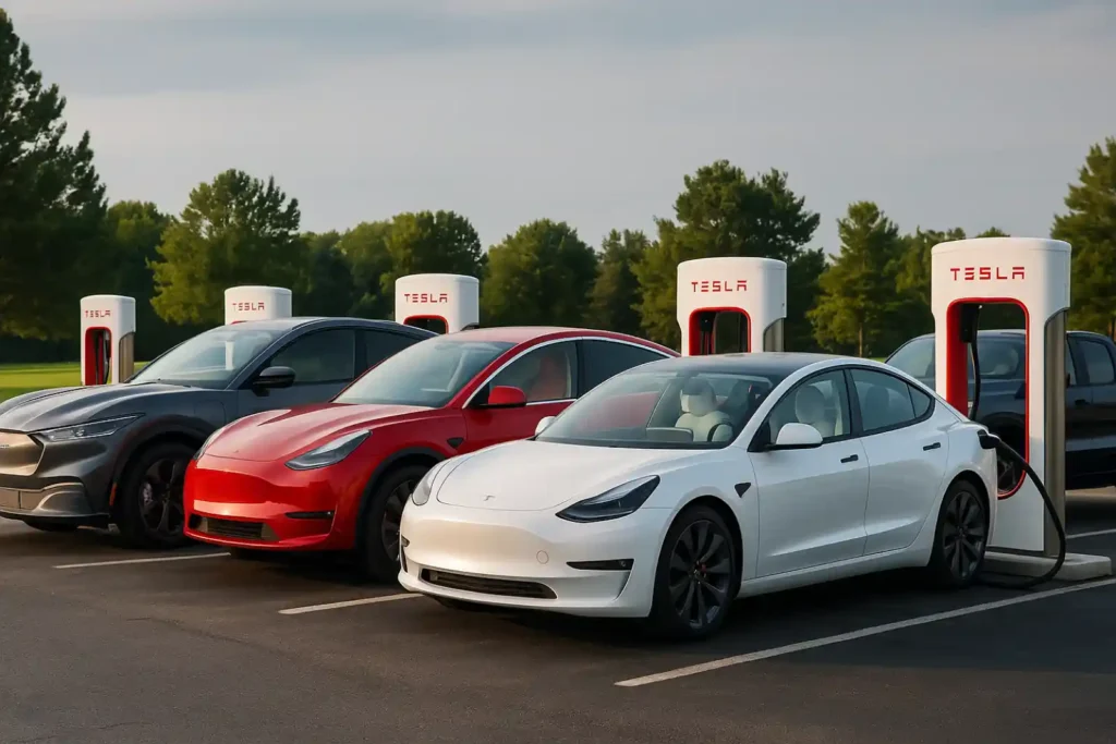 테슬라 슈퍼차저 충전소에서 동시 충전 중인 여러 대의 테슬라 차량