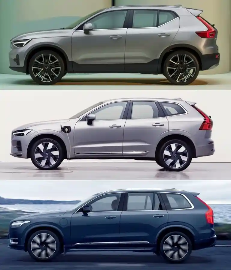 볼보 전기차 라인업 크기 비교 이미지, 위에서부터 EX30, EX40, EX90의 측면 프로필