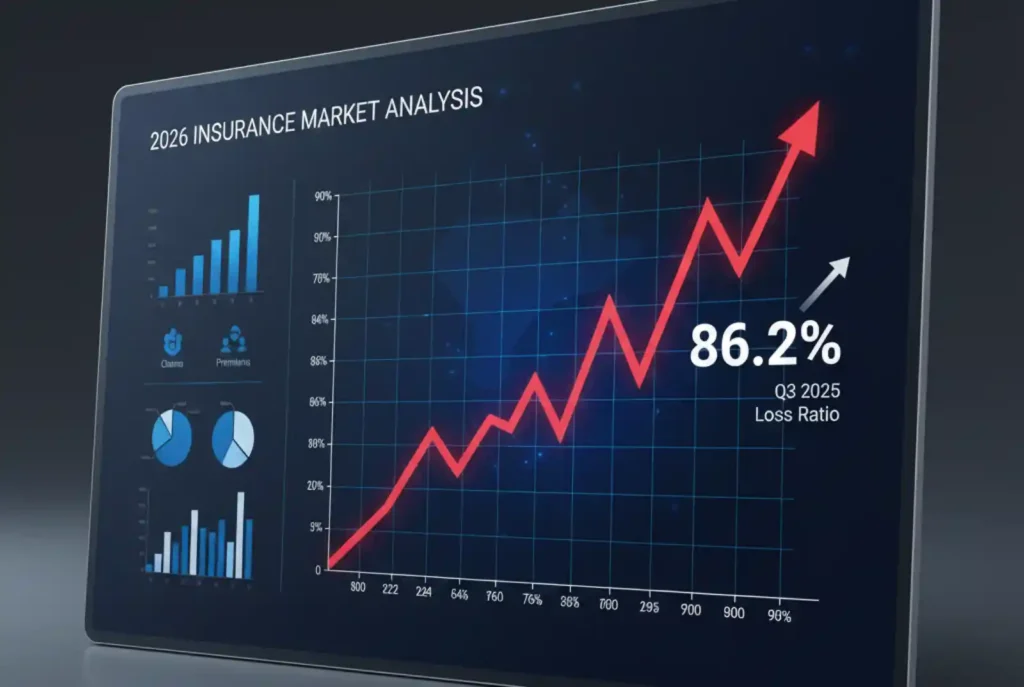 2026년 자동차 보험 시장 분석 대시보드. 2025년 3분기 손해율 86.2%를 보여주는 빨간색 상승 그래프와 다양한 통계 차트가 표시된 태블릿 화면