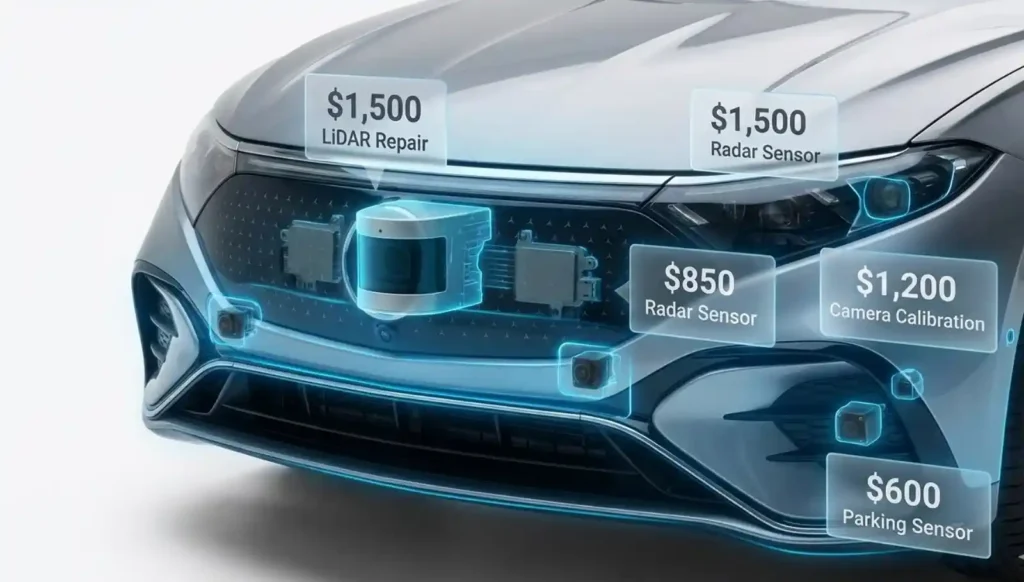 ADAS 센서가 장착된 현대 자동차 전면부의 투명 오버레이 이미지. LiDAR, 레이더, 카메라, 주차 센서 등 각 부품의 위치와 수리 비용($600~$1,500)이 표시되어 있음
