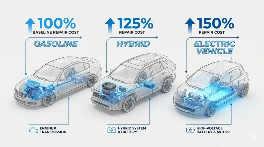 차량 유형별 평균 수리비 비교 인포그래픽. 내연기관차 100%(기준), 하이브리드 125%, 전기차 150%의 수리비 차이를 보여주는 투명 컷어웨이 일러스트. 각 차량의 엔진, 하이브리드 시스템, 고전압 배터리 및 모터가 블루 글로우로 강조되어 구조적 차이를 시각화
