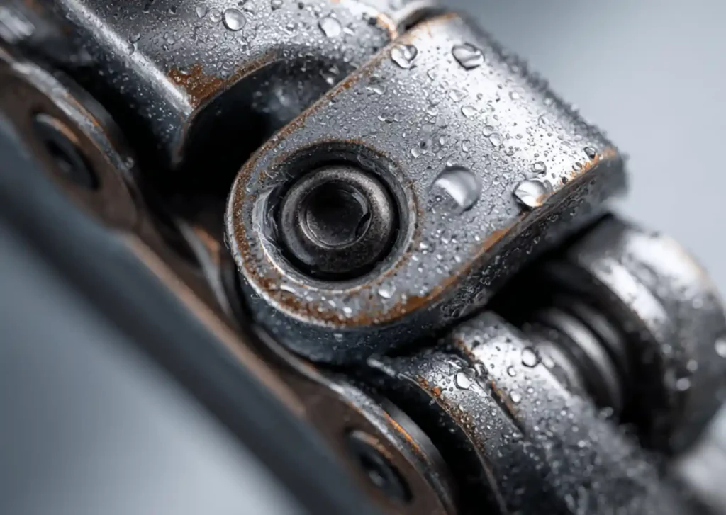 겨울철 습기로 젖은 자전거 체인 클로즈업, 녹 발생 위험을 보여주는 금속 부품 디테일