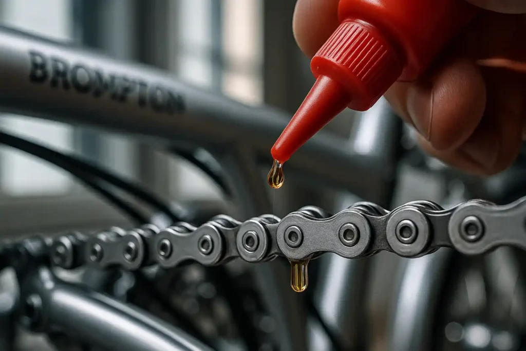 브롬톤 자전거 체인에 습식 오일을 한 방울씩 도포하는 클로즈업 장면, 금속 링크와 오일 방울이 선명하게 보임